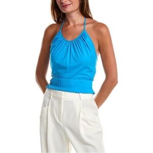 NWT RAMY BROOK Charlie Lake Blue Cotton Pleated Halter Tank Top Size XS